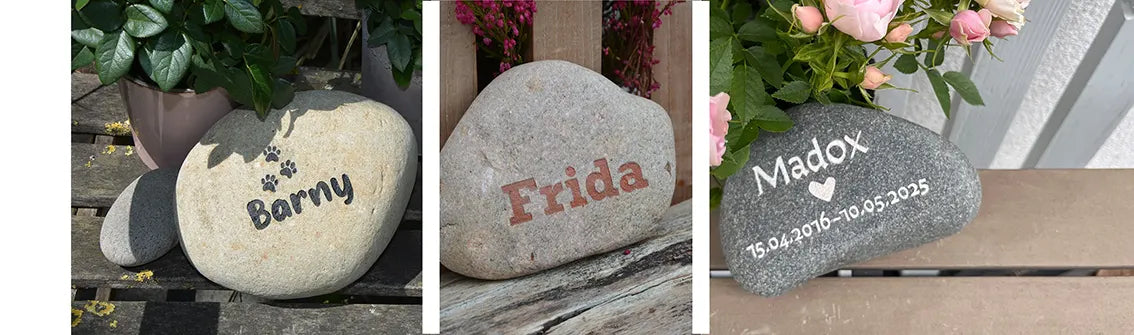 Naturstein Findlinge als Tiergrabstein in der Größe ca. 20-25 cm Länge mit verschiedenen Motiven zur Auswahl