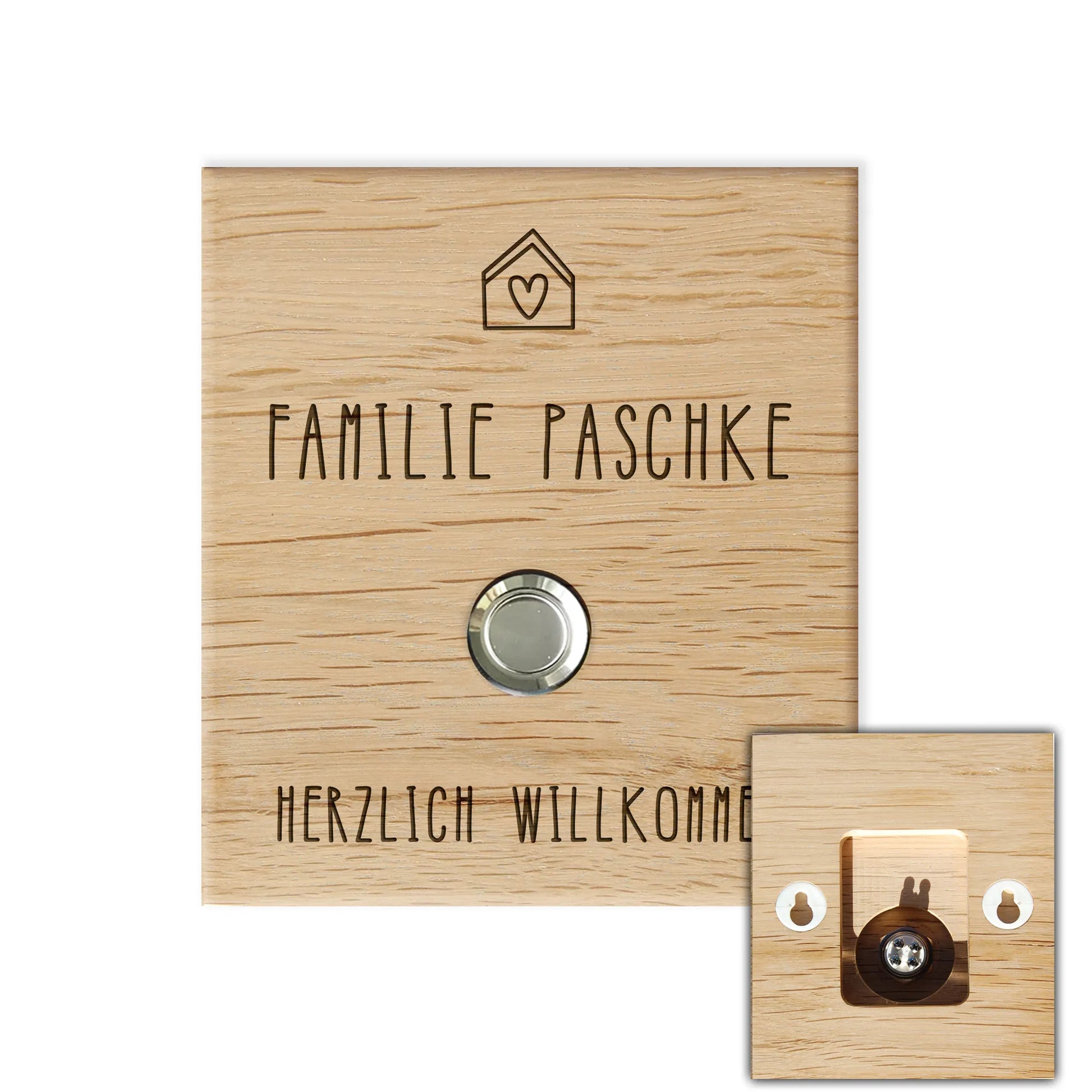 Holz Klingelschild aus Eiche - Motiv HERZ UND HAUS - Jeske Design