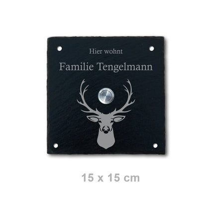 Personalisiertes Klingelschild aus Schiefer - Motiv HIRSCH - Jeske Design
