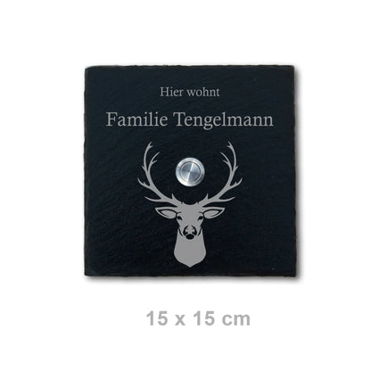 Personalisiertes Klingelschild aus Schiefer - Motiv HIRSCH - Jeske Design