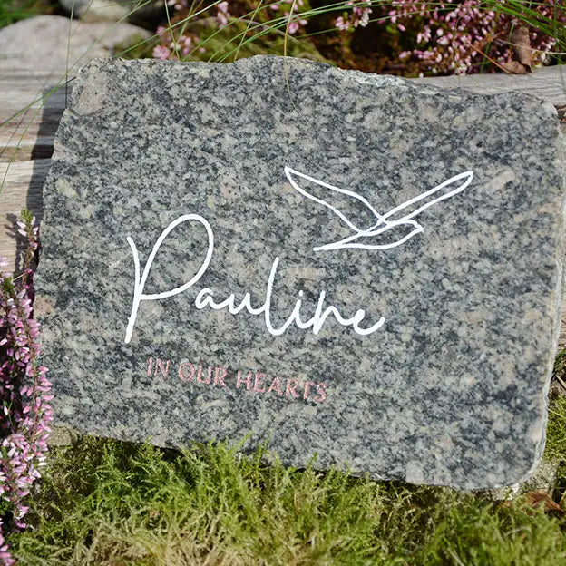 Glatter Gedenkstein aus Granit mit Gravurmotiv MÖWE & Namen